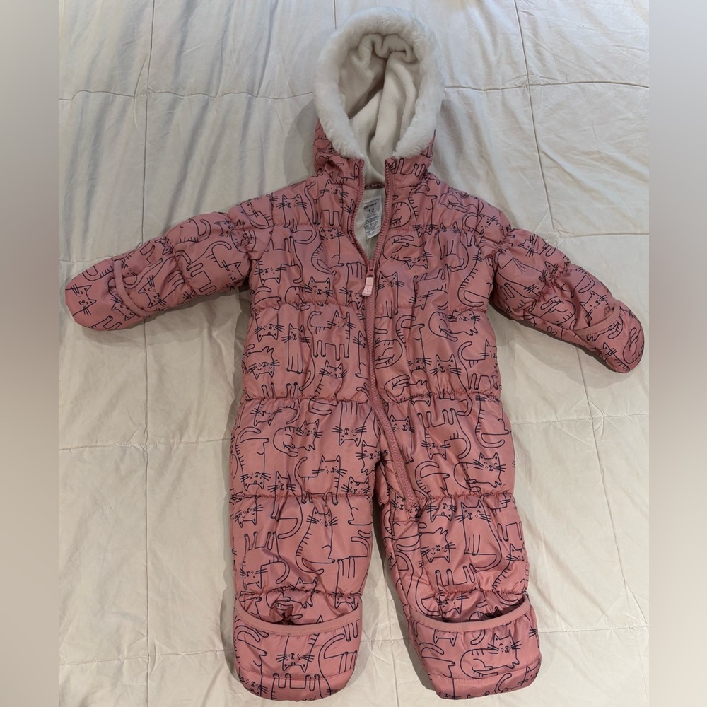 Carters Pink Cat Print Baby Snowsuit - Size 12 Months Super Cute Carter’s